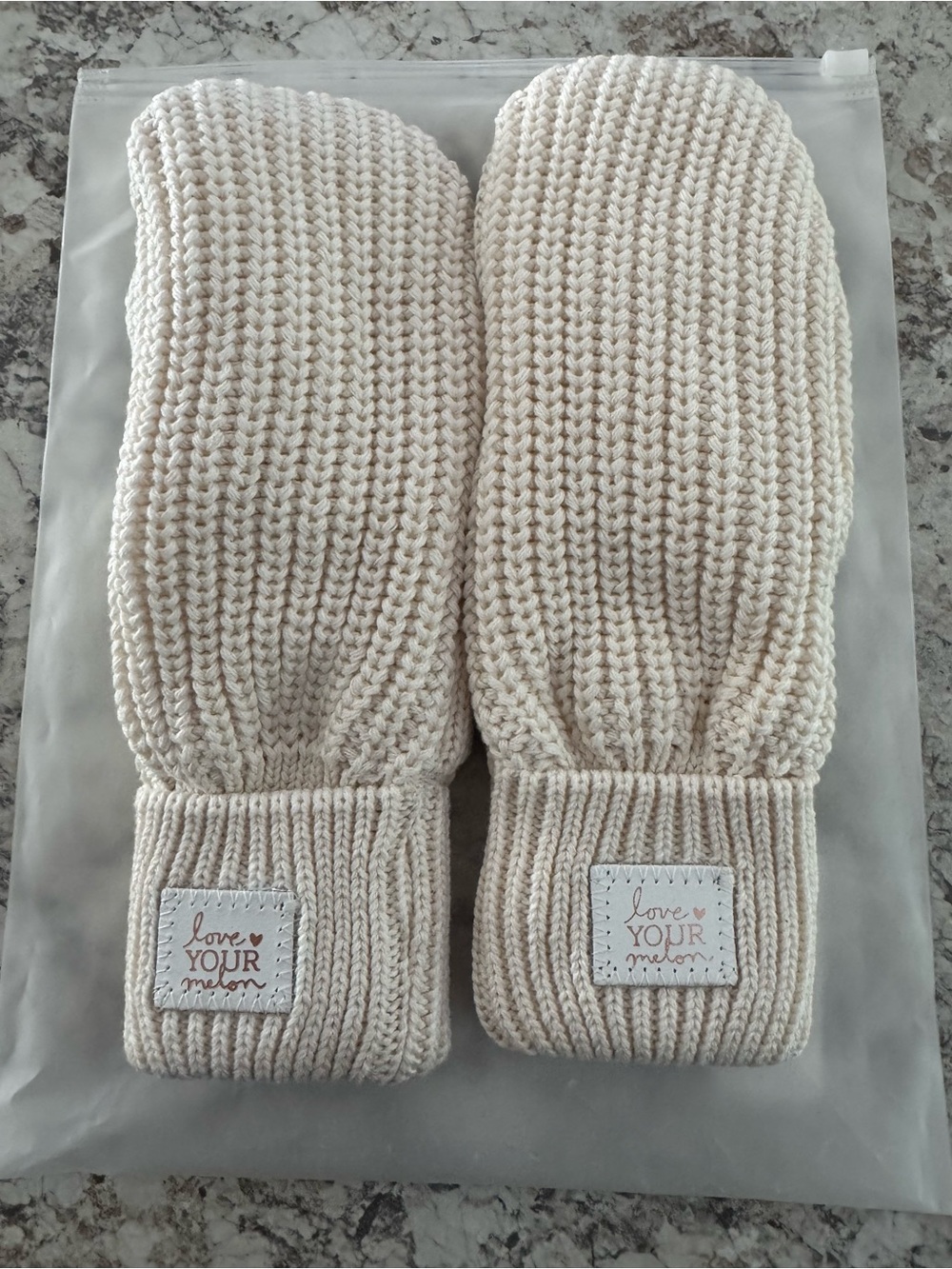 Love Your Melon Cream Knit Mittens with Logo Patch